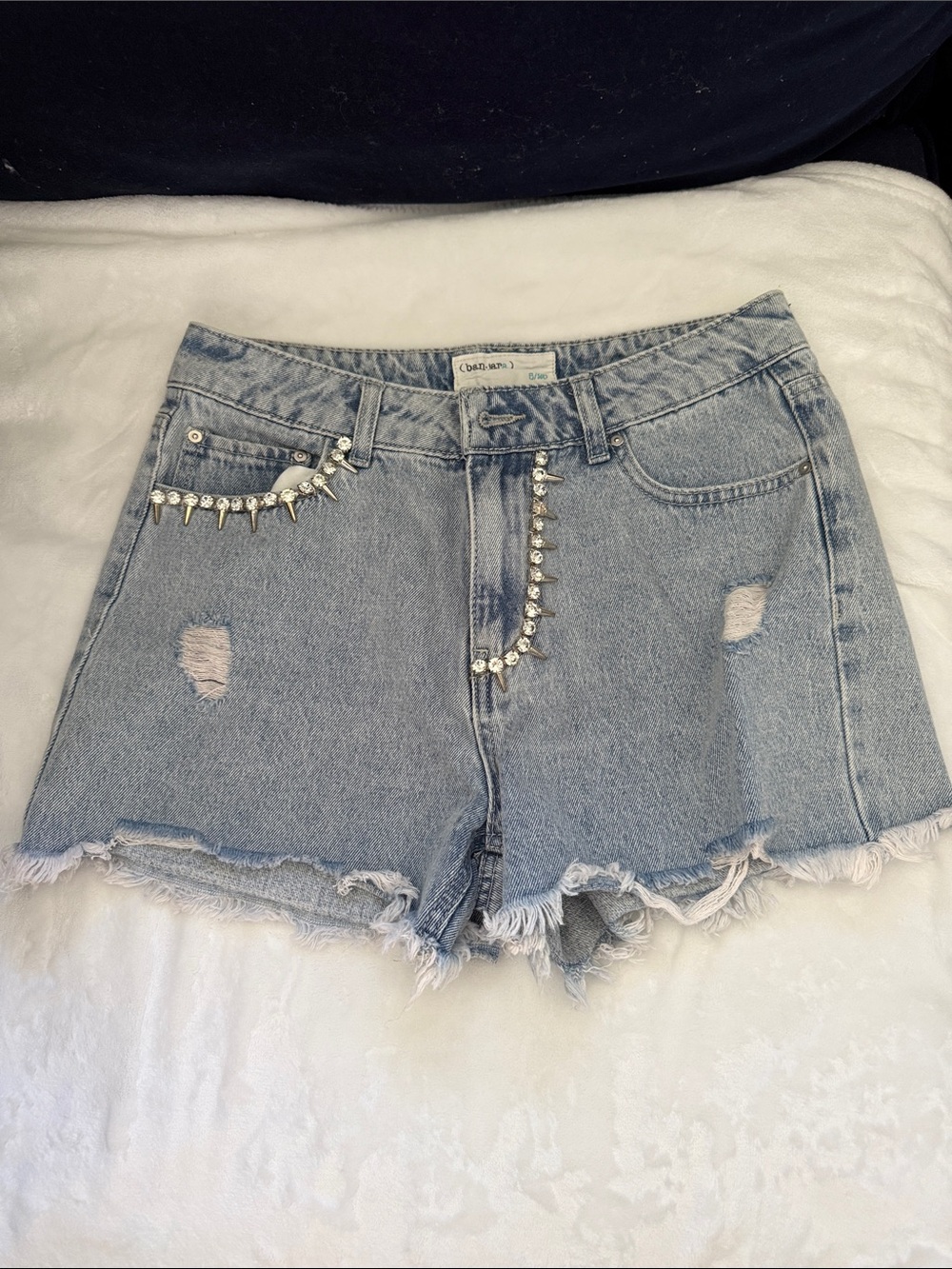 Studded Light Blue Distressed Denim Jean Shorts